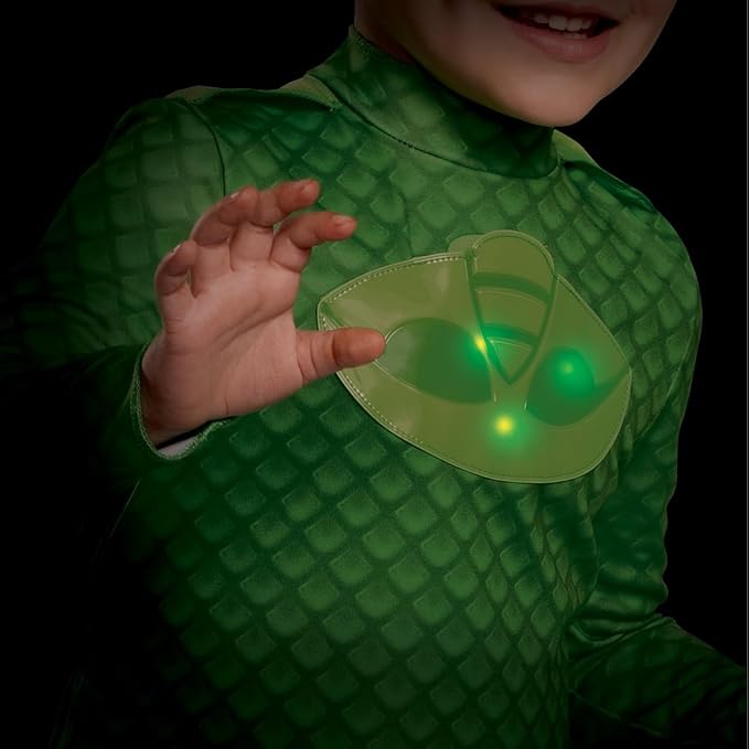 PJ Masks Gekko Costume, Deluxe Kids Light Up Jumpsuit Outfit and Character Mask, Toddler Size